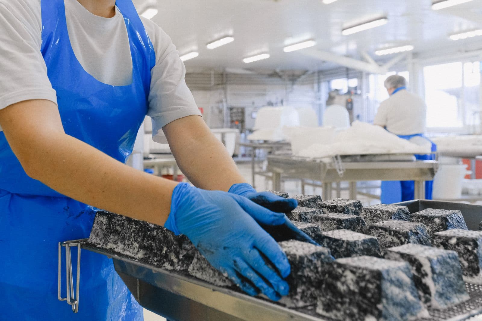 Hygienic food handling line, operators in PPE